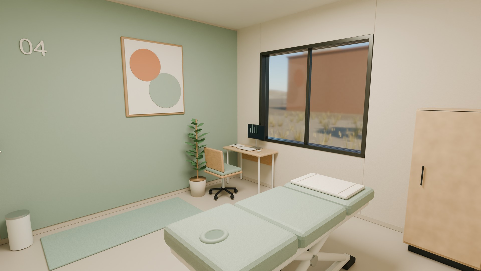 Furnished treatment suite with sage feature wall