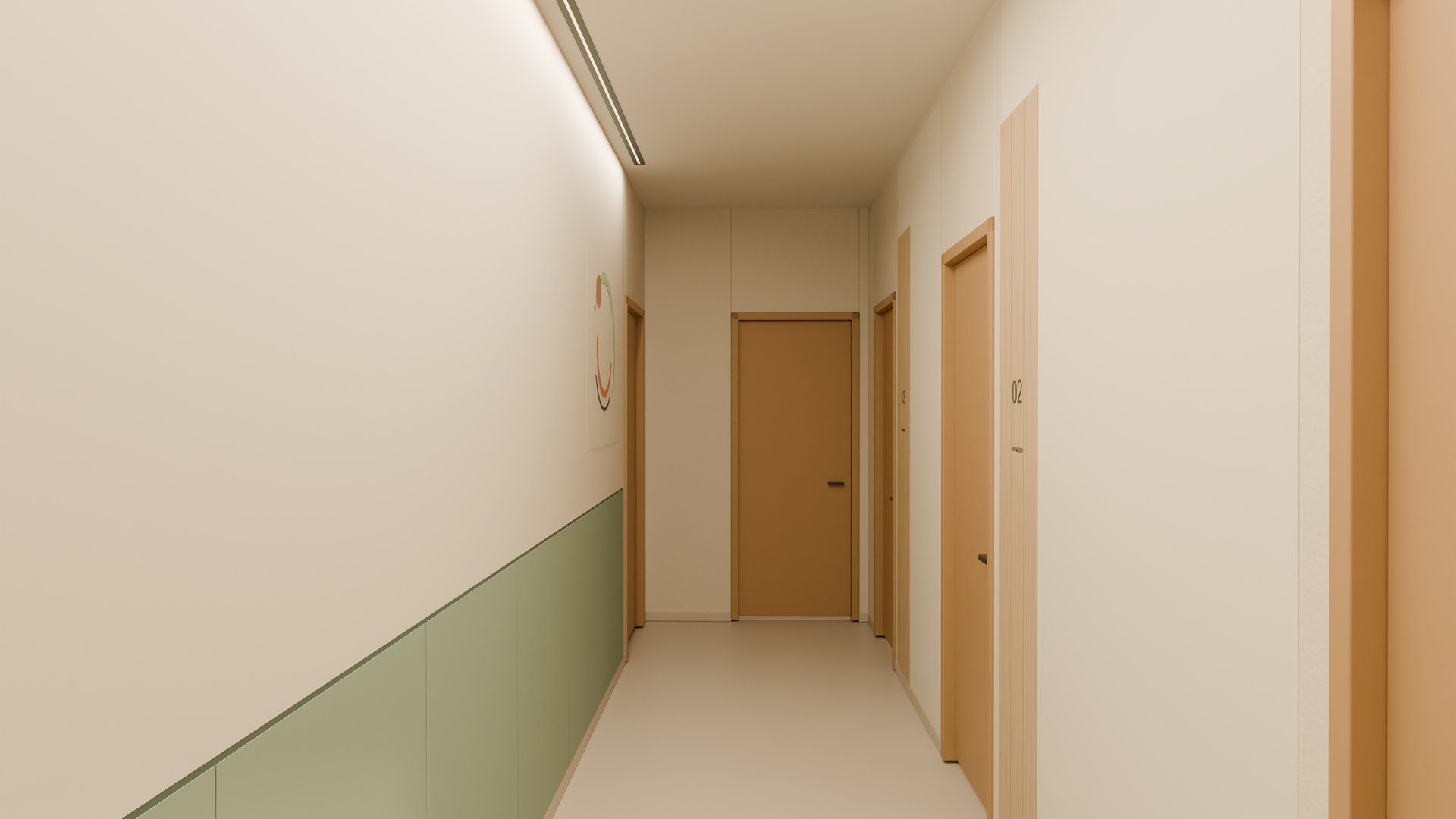 Main corridor with sage panels, oak room markers and warm wall lighting